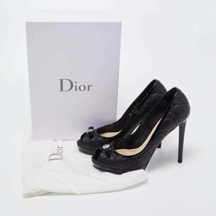 Pre Owned Dior Black Quilted Leather Bow Peep Toe Platform Pumps Size 39