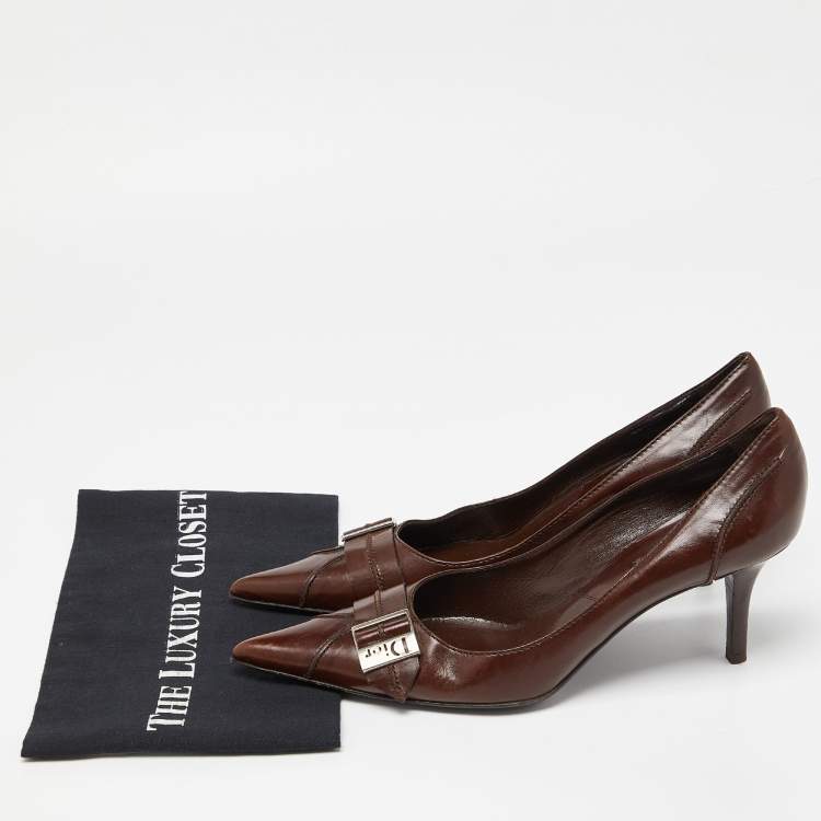 Pre Owned Dior Brown Leather Buckle Pointed Toe Pumps Size 41