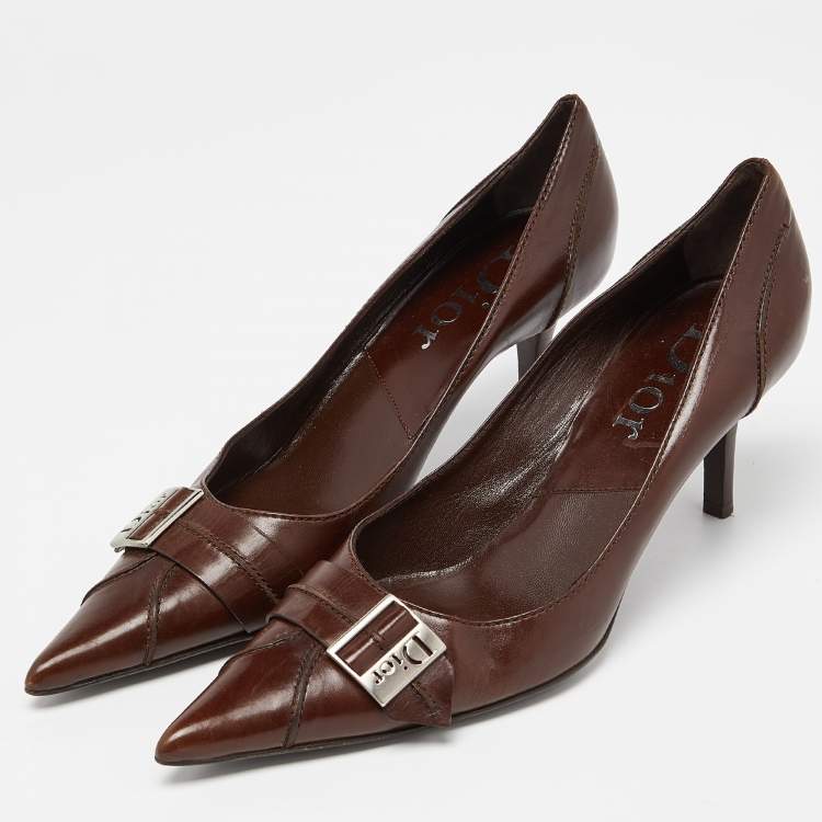 Pre Owned Dior Brown Leather Buckle Pointed Toe Pumps Size 41
