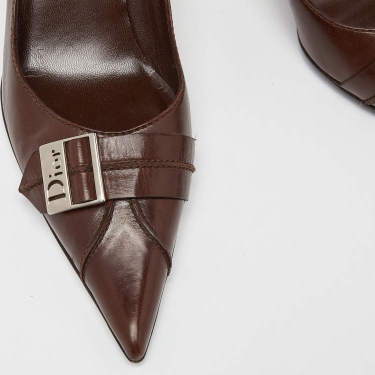 Pre Owned Dior Brown Leather Buckle Pointed Toe Pumps Size 41