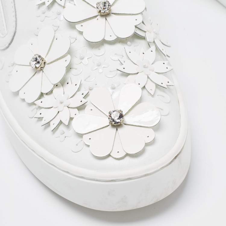 Pre Owned Dior White Leather Floral Crystal Embellished Slip On Sneakers Size 37