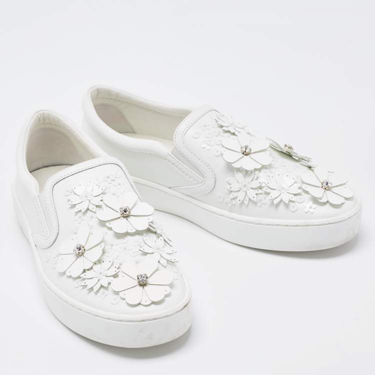 Pre Owned Dior White Leather Floral Crystal Embellished Slip On Sneakers Size 37