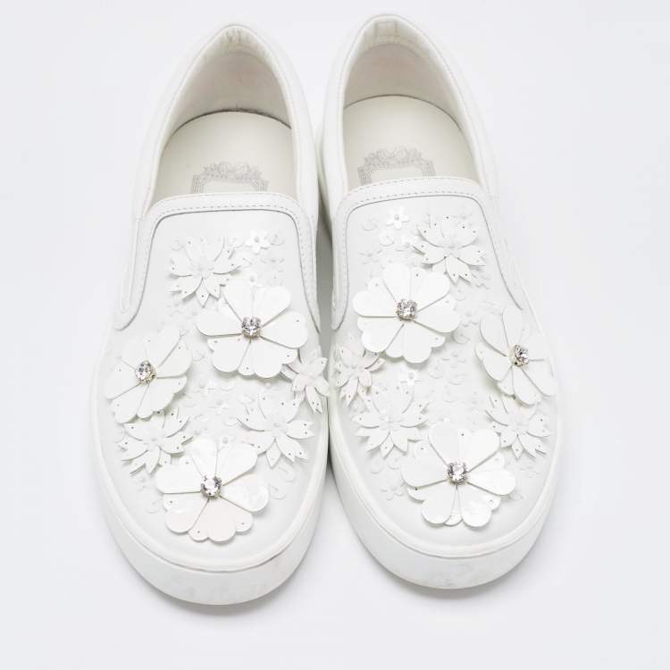 Pre Owned Dior White Leather Floral Crystal Embellished Slip On Sneakers Size 37