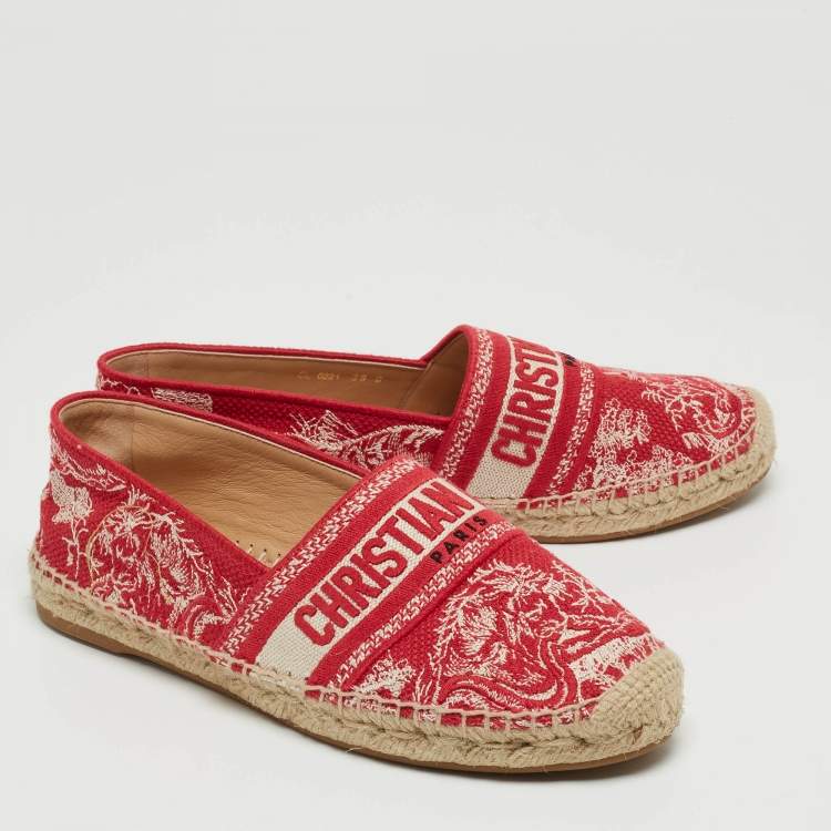 Pre Owned Dior White/Red Floral Embroidered Canvas Granville Espadrille Flats Size 39