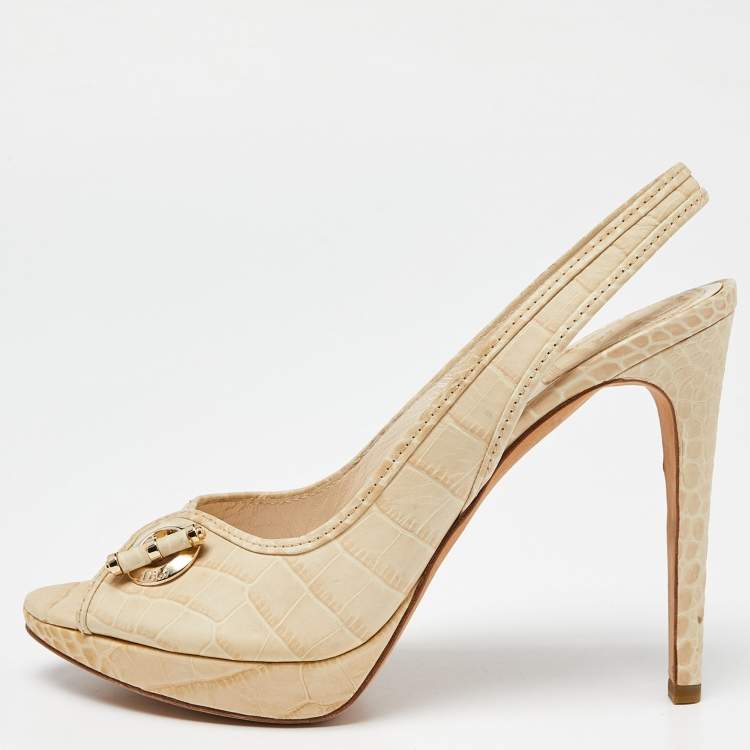 Pre Owned Dior Cream Croc Embossed Leather Open Toe Platform Slingback Pumps Size 38