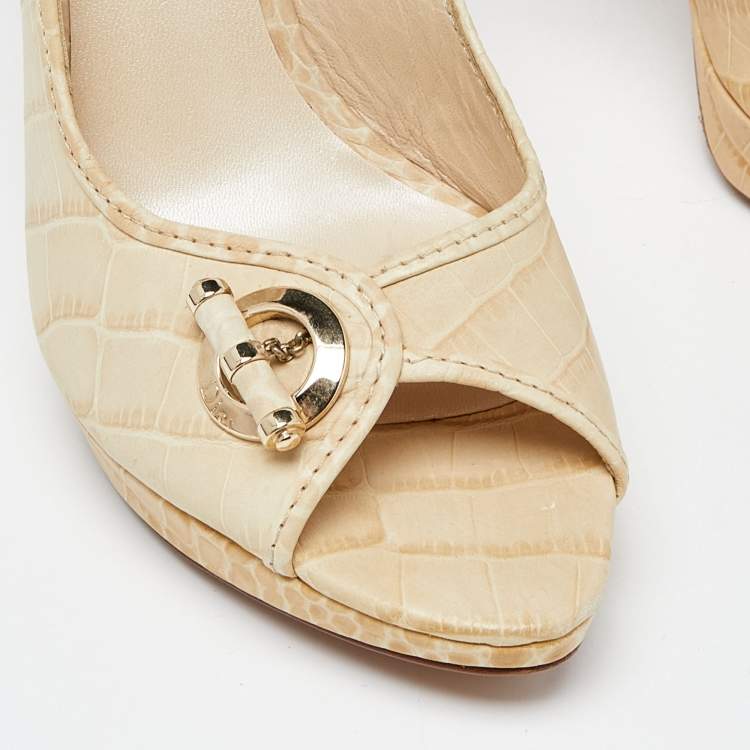 Pre Owned Dior Cream Croc Embossed Leather Open Toe Platform Slingback Pumps Size 38