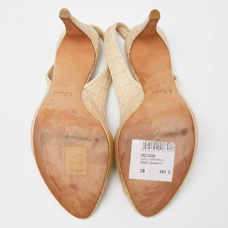 Pre Owned Dior Cream Croc Embossed Leather Open Toe Platform Slingback Pumps Size 38