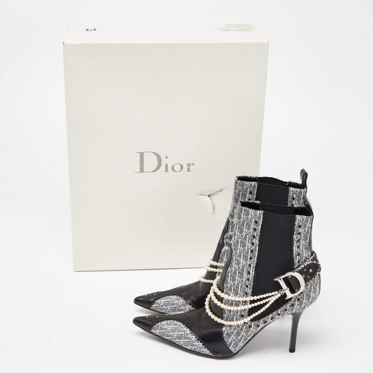 Pre Owned Dior Black/Grey Oblique Canvas and Leather Pearl Embellishment Ankle Boots Size 36.5