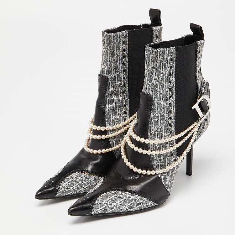Pre Owned Dior Black/Grey Oblique Canvas and Leather Pearl Embellishment Ankle Boots Size 36.5