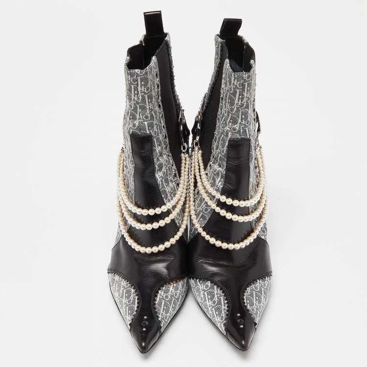 Pre Owned Dior Black/Grey Oblique Canvas and Leather Pearl Embellishment Ankle Boots Size 36.5