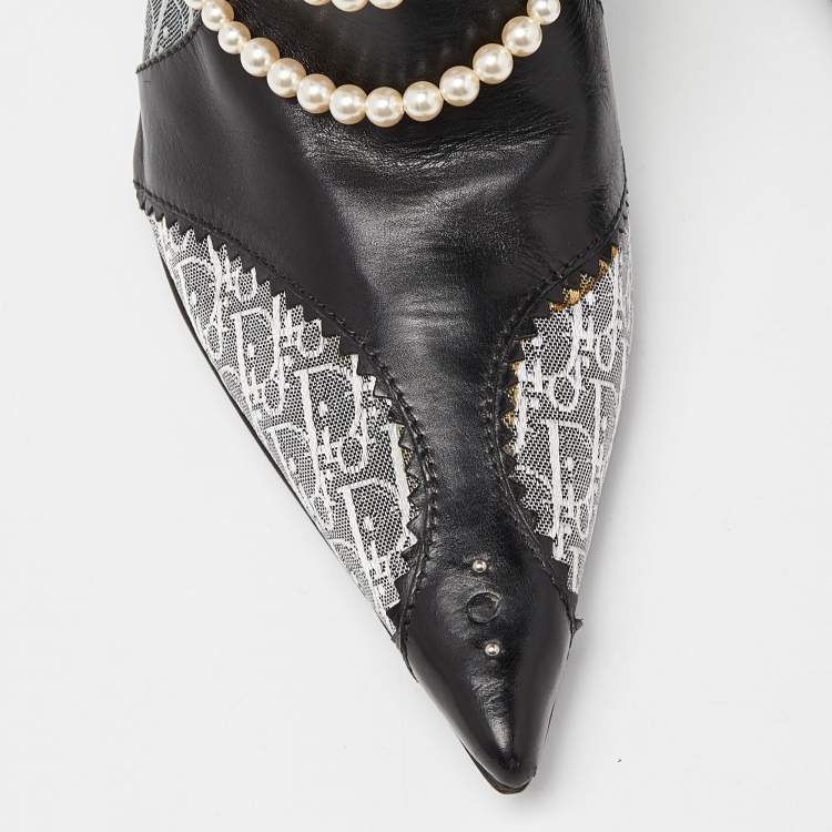 Pre Owned Dior Black/Grey Oblique Canvas and Leather Pearl Embellishment Ankle Boots Size 36.5