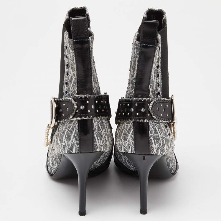 Pre Owned Dior Black/Grey Oblique Canvas and Leather Pearl Embellishment Ankle Boots Size 36.5