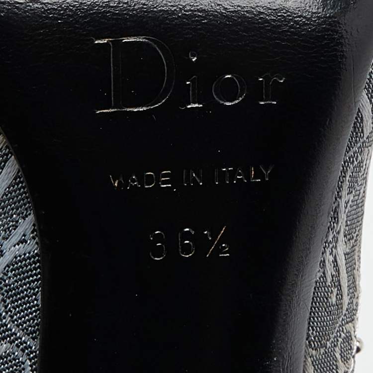 Pre Owned Dior Black/Grey Oblique Canvas and Leather Pearl Embellishment Ankle Boots Size 36.5