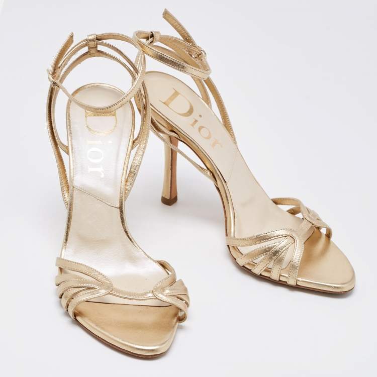 Pre Owned Dior Metallic Gold Leather Ankle Strap Sandals Size 37