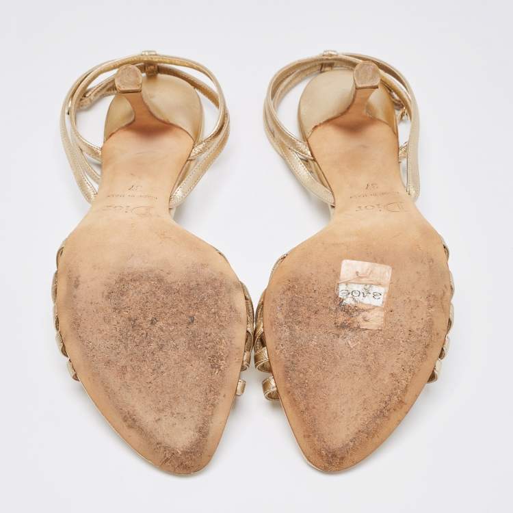 Pre Owned Dior Metallic Gold Leather Ankle Strap Sandals Size 37
