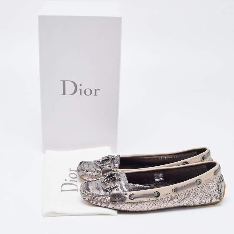 Pre Owned Dior Metallic Grey/Pink Python Embossed Leather CD Slip Loafers 38.5