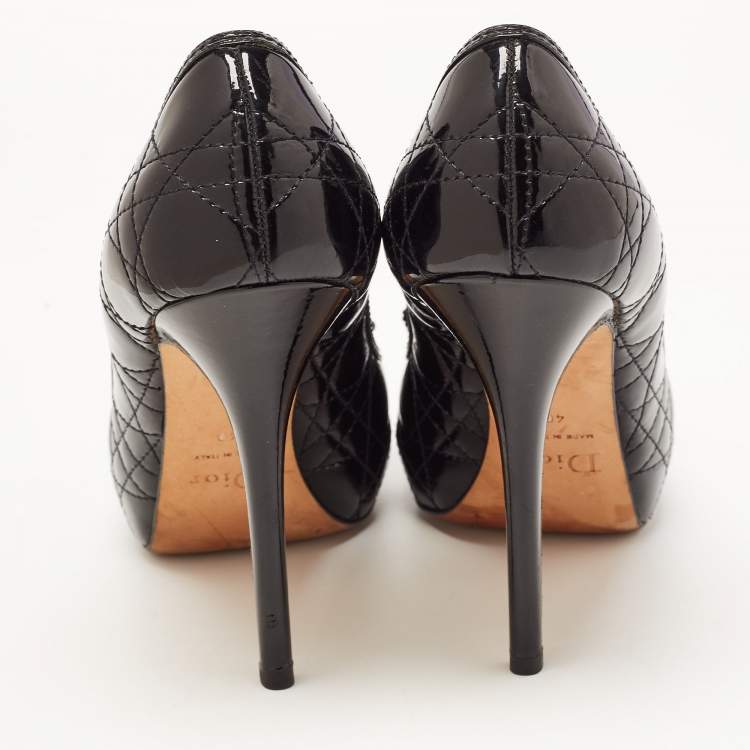 Pre Owned Dior Black Cannage Patent Leather Bow Peep Toe Pumps Size 40