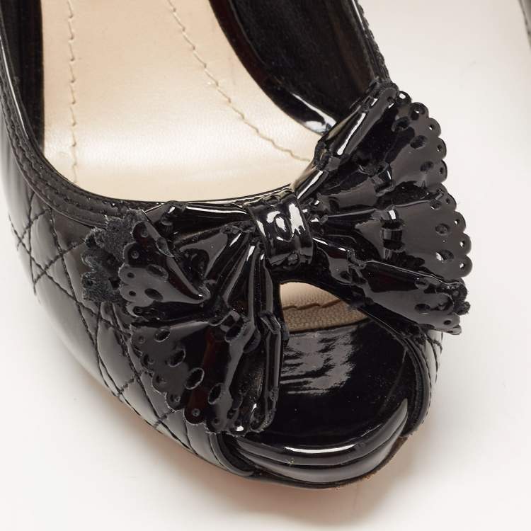 Pre Owned Dior Black Cannage Patent Leather Bow Peep Toe Pumps Size 40