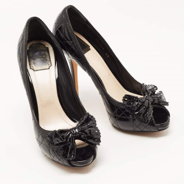 Pre Owned Dior Black Cannage Patent Leather Bow Peep Toe Pumps Size 40