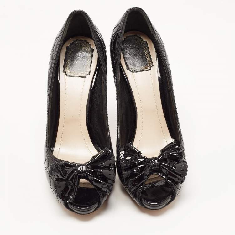 Pre Owned Dior Black Cannage Patent Leather Bow Peep Toe Pumps Size 40
