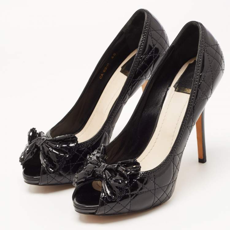 Pre Owned Dior Black Cannage Patent Leather Bow Peep Toe Pumps Size 40