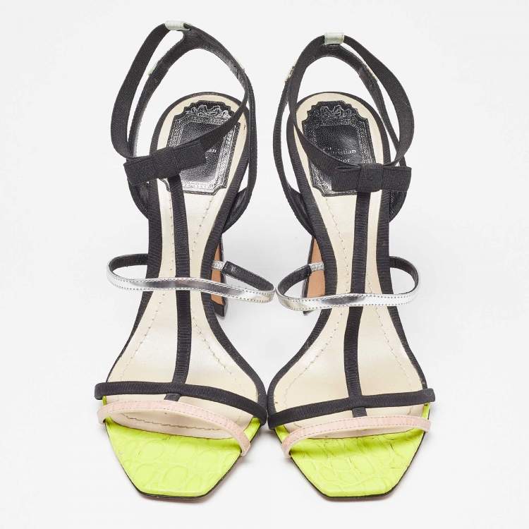 Pre Owned Dior Multicolor Croc Embossed Leather and Canvas Strappy Ankle Strap Sandals Size 37
