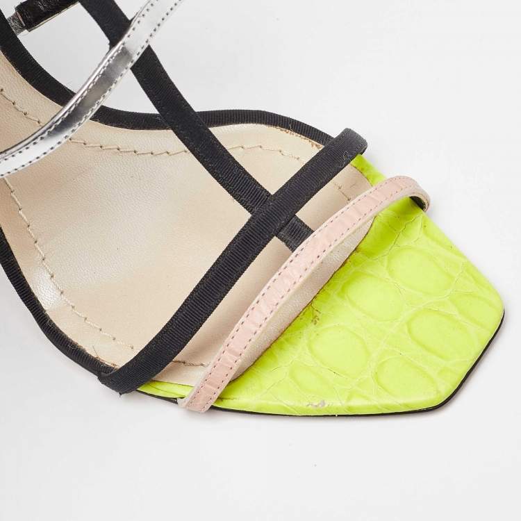 Pre Owned Dior Multicolor Croc Embossed Leather and Canvas Strappy Ankle Strap Sandals Size 37