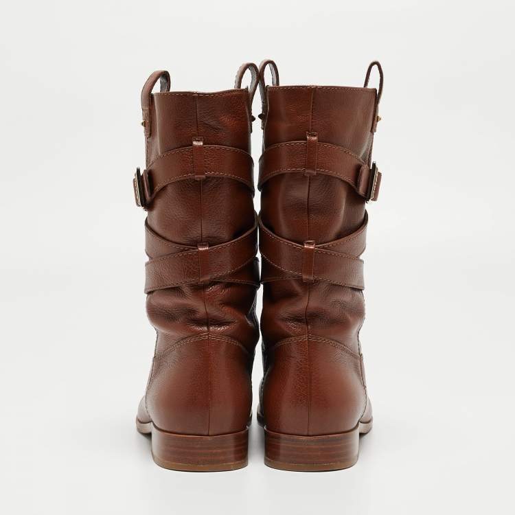 Pre Owned Dior Brown Leather Buckle Midcalf Boots Size 39.5