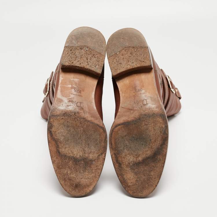 Pre Owned Dior Brown Leather Buckle Midcalf Boots Size 39.5