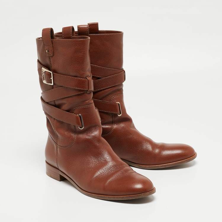 Pre Owned Dior Brown Leather Buckle Midcalf Boots Size 39.5