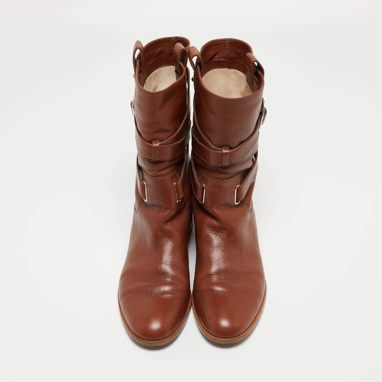 Pre Owned Dior Brown Leather Buckle Midcalf Boots Size 39.5