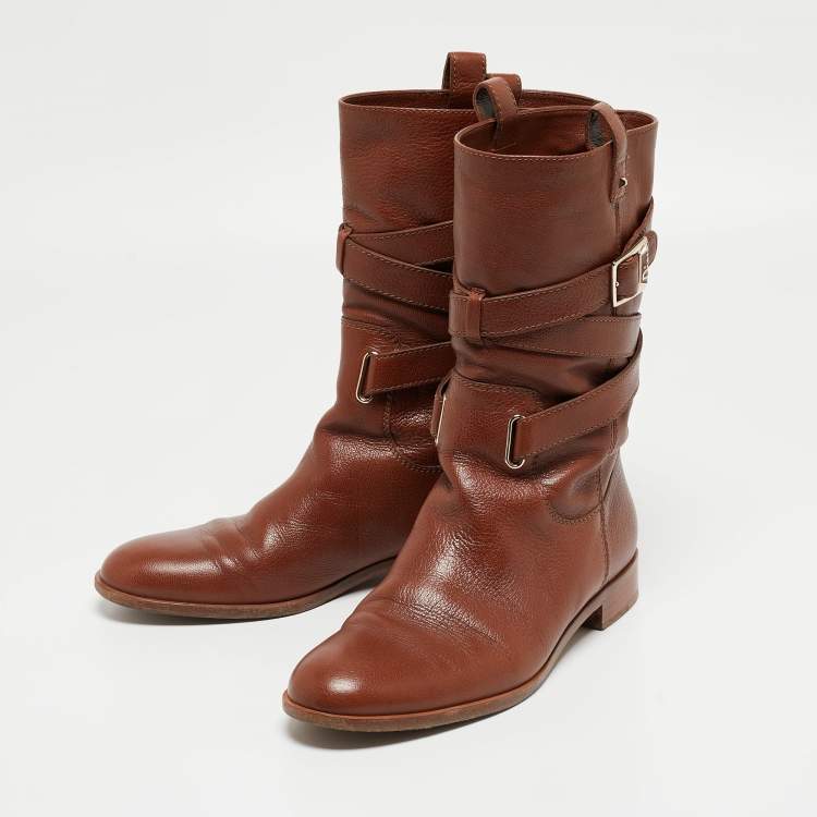 Pre Owned Dior Brown Leather Buckle Midcalf Boots Size 39.5
