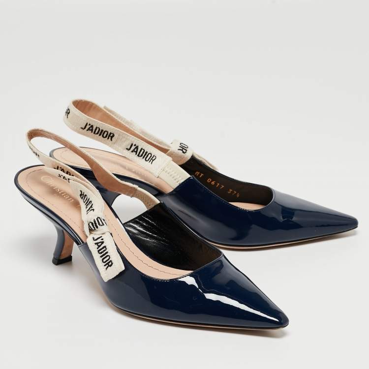 Pre Owned Dior Navy Blue Patent Leather J'adior Slingback Pumps Size 37.5