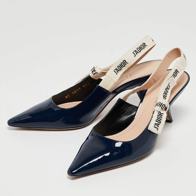 Pre Owned Dior Navy Blue Patent Leather J'adior Slingback Pumps Size 37.5