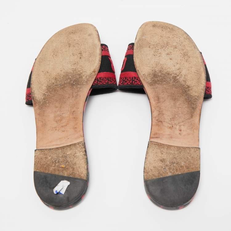 Pre Owned Dior Red Leopard Print Leather and Canvas Dway Slide Flats Size 38.5