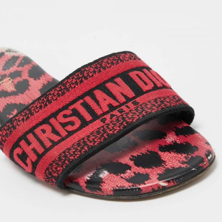 Pre Owned Dior Red Leopard Print Leather and Canvas Dway Slide Flats Size 38.5