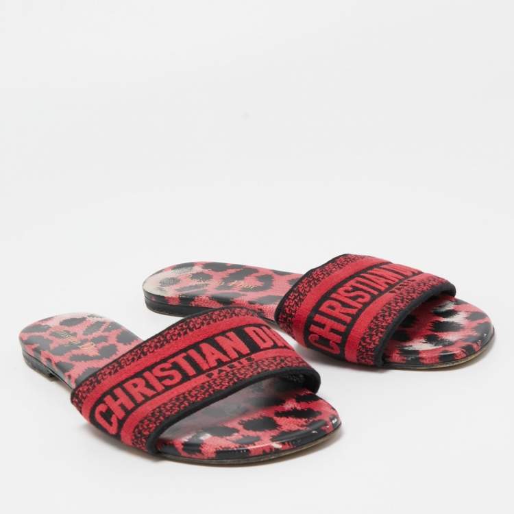 Pre Owned Dior Red Leopard Print Leather and Canvas Dway Slide Flats Size 38.5