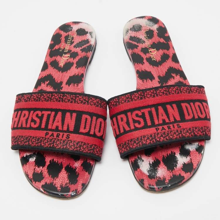 Pre Owned Dior Red Leopard Print Leather and Canvas Dway Slide Flats Size 38.5
