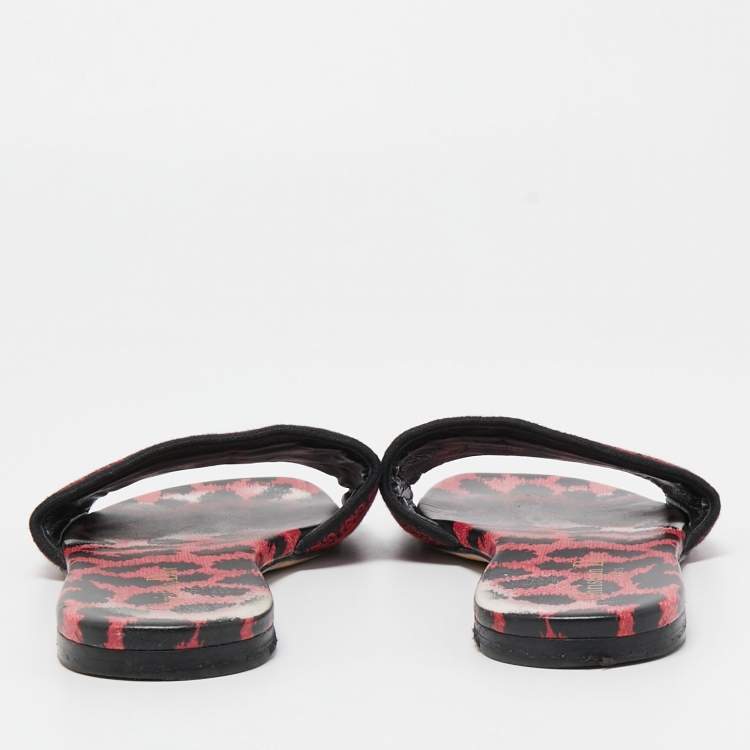 Pre Owned Dior Red Leopard Print Leather and Canvas Dway Slide Flats Size 38.5