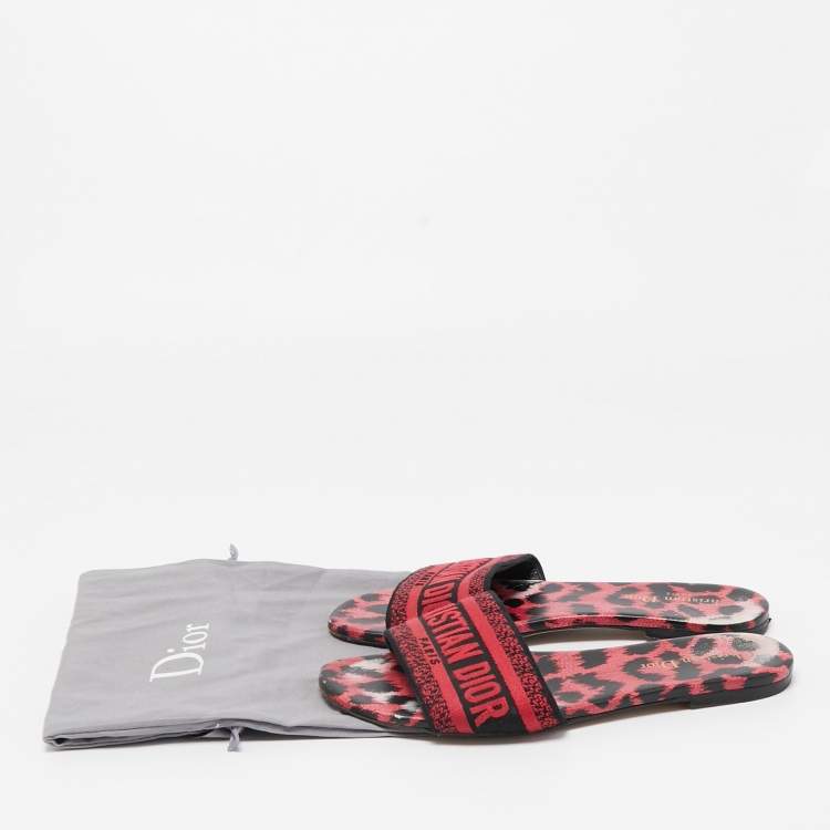 Pre Owned Dior Red Leopard Print Leather and Canvas Dway Slide Flats Size 38.5