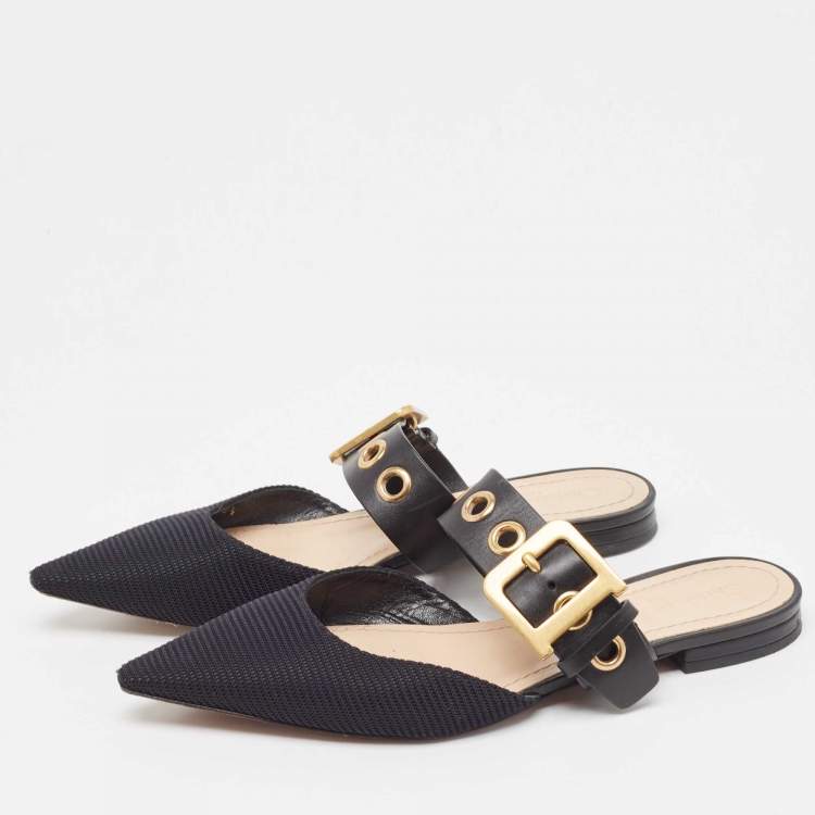 Dior Black Canvas and Leather D Dior Flat Mules Size 38.5 Dior TLC