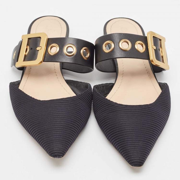 Pre Owned Dior Black Canvas and Leather D-Dior Flat Mules Size 38.5