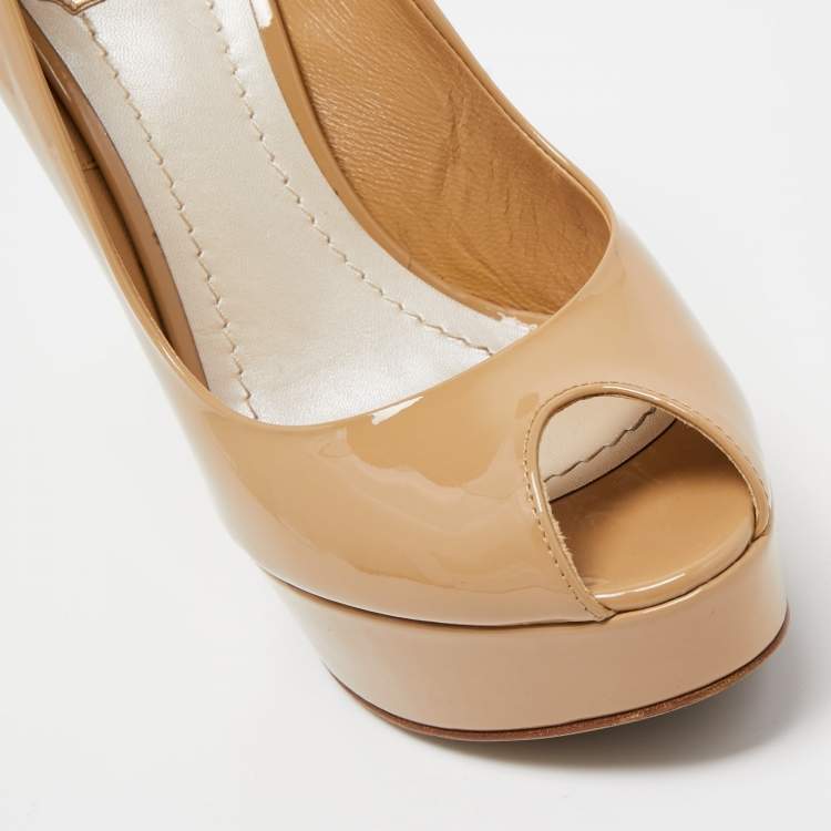 Pre Owned Dior Beige Patent Leather Miss Dior Platform Peep Toe Pumps Size 38