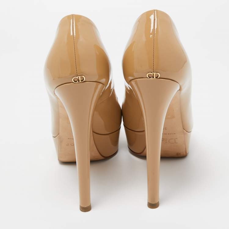 Pre Owned Dior Beige Patent Leather Miss Dior Platform Peep Toe Pumps Size 38