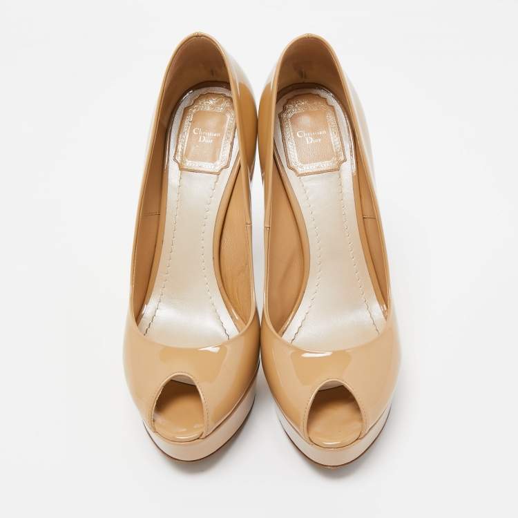 Pre Owned Dior Beige Patent Leather Miss Dior Platform Peep Toe Pumps Size 38