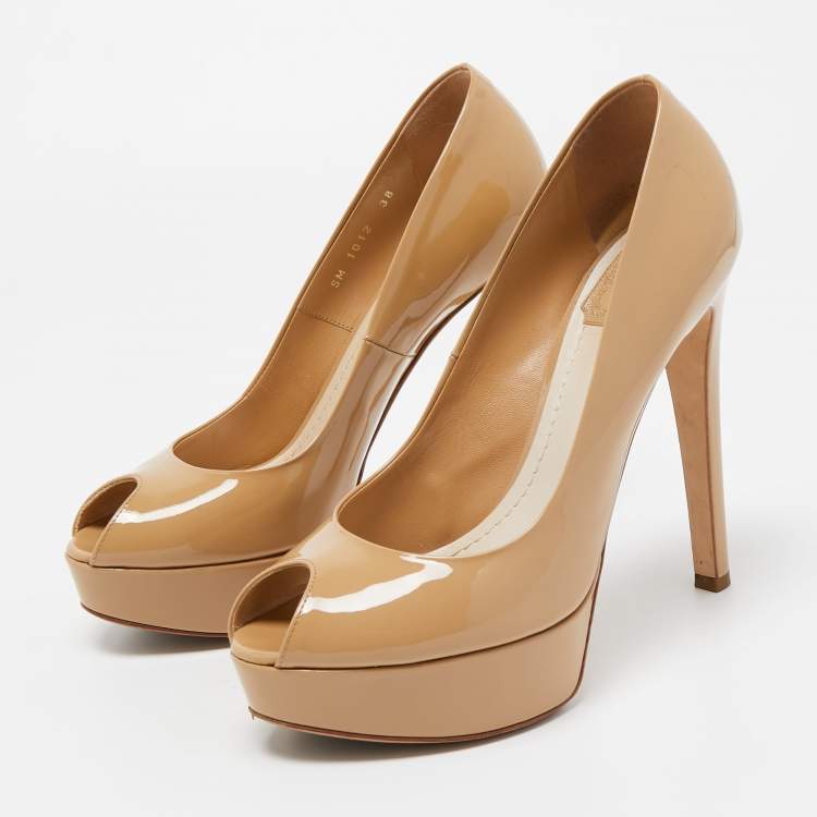 Pre Owned Dior Beige Patent Leather Miss Dior Platform Peep Toe Pumps Size 38