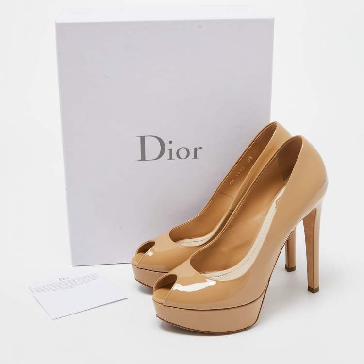 Pre Owned Dior Beige Patent Leather Miss Dior Platform Peep Toe Pumps Size 38