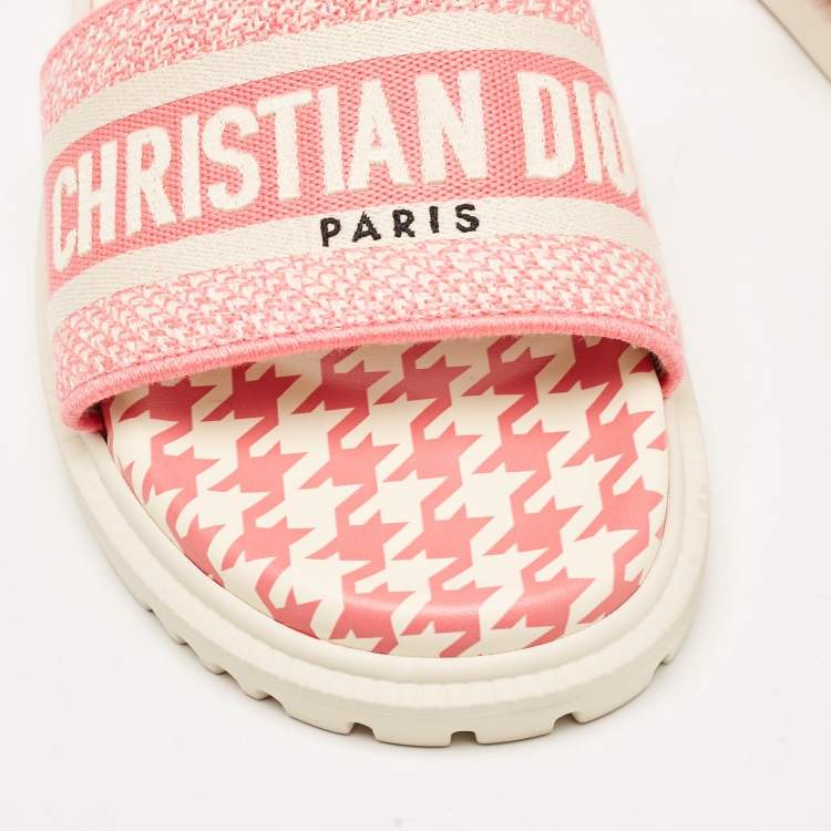 Pre Owned Dior Pink/White Logo Embroidered Canvas Houndstooth Dway Slides Size 38