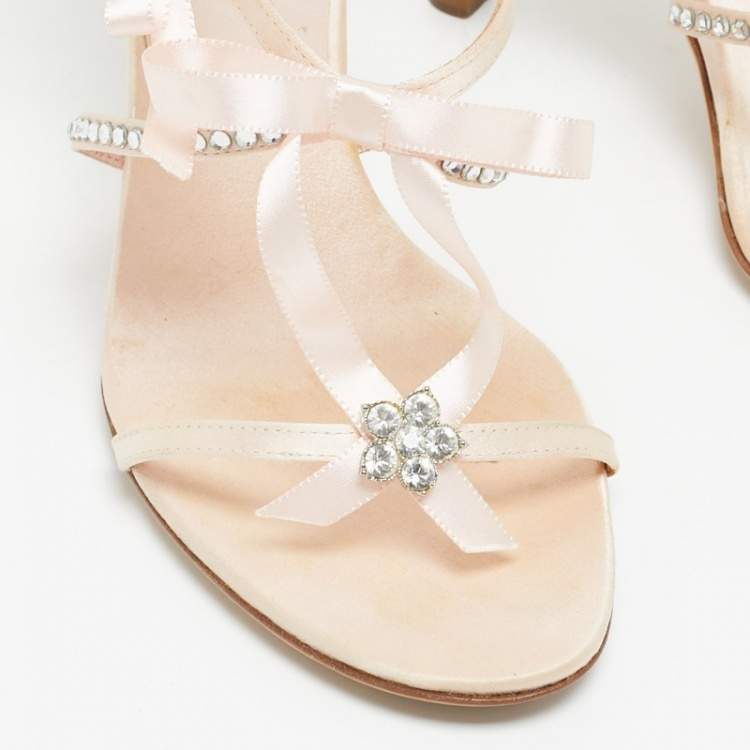 Pre Owned Dior Pink Satin Rose Chain Ankle Strap Sandals Size 36