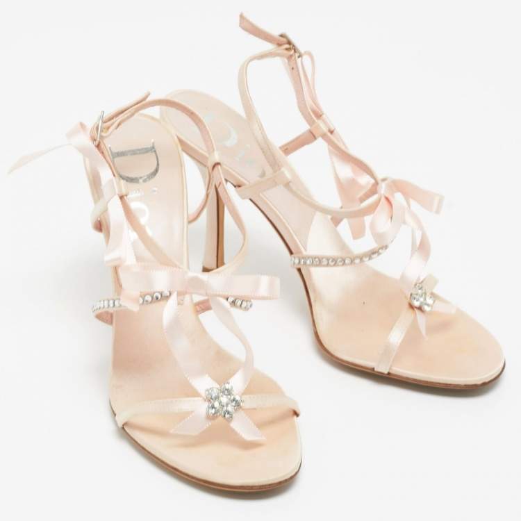 Pre Owned Dior Pink Satin Rose Chain Ankle Strap Sandals Size 36